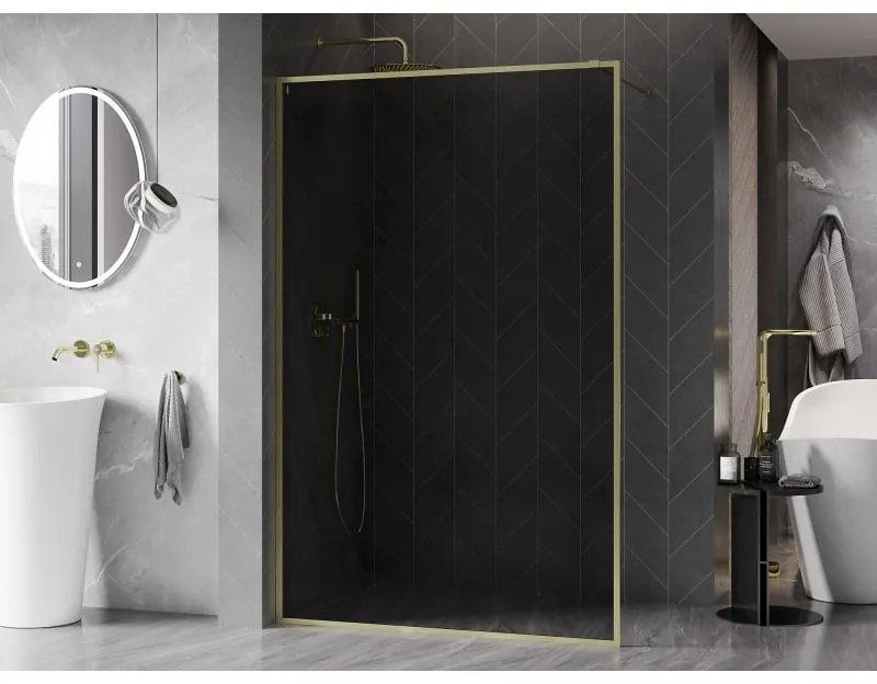 Mexen Kioto-XF, sprchová zástena s rámom 150 x 202 cm, 10mm šedé sklo, zlatý matný profil, 800-150-104-55-40-X
