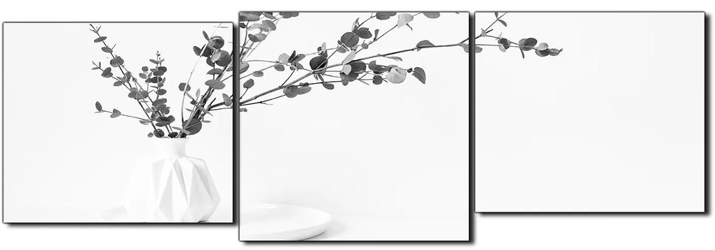 Obraz na plátne - Vetva eukalyptu v bielej váze na bielom pozadí - panoráma 5272QD (150x50 cm)