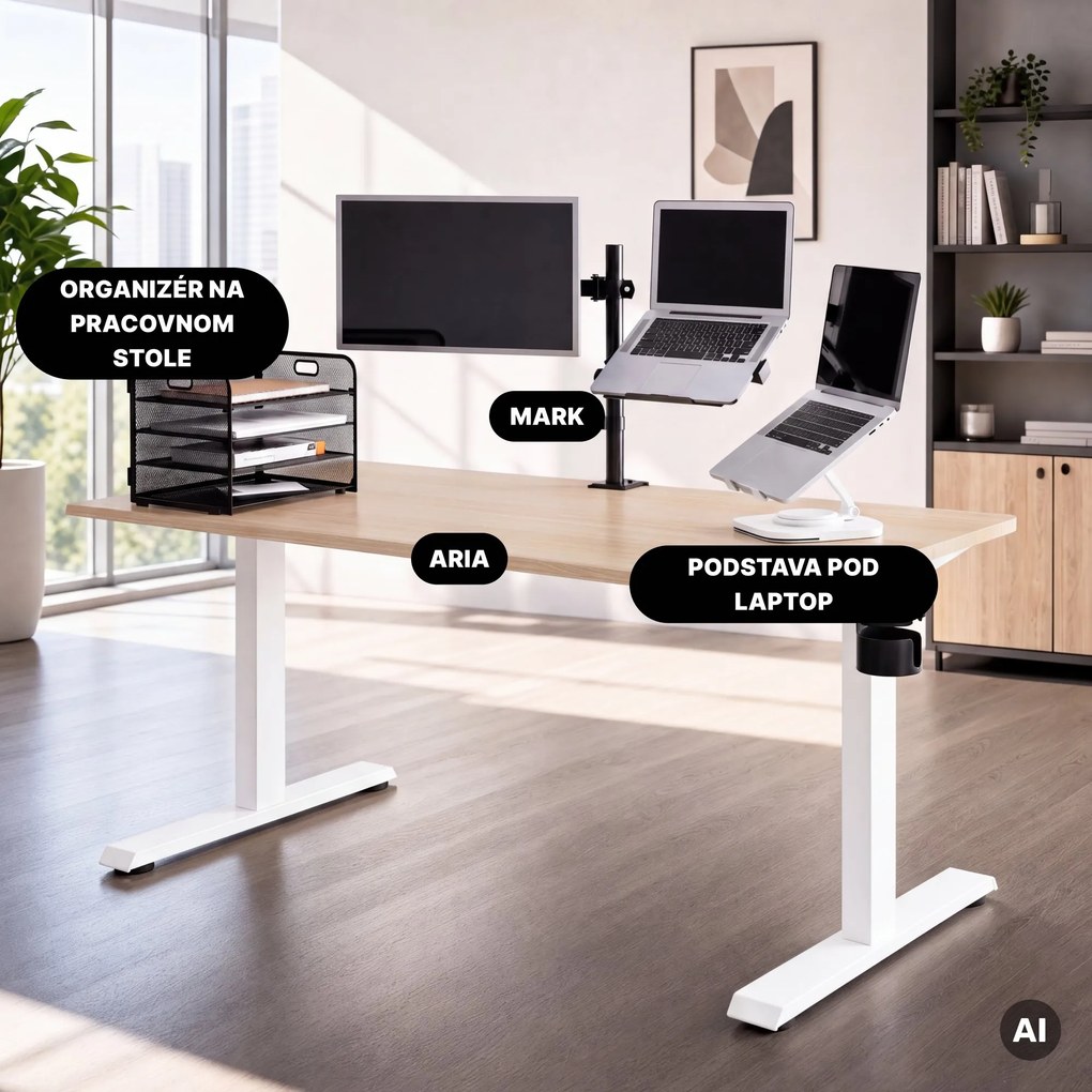 Elektrický stôl s nastaviteľnou výškou ergonomický biely/dub sonoma,1600x800 mm: ARIA