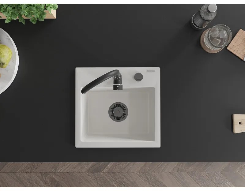 Mexen Milo, granitový drez 435x410x171 mm, 1-komorový, biela s čiernym sifónom, 6505441000-20-B