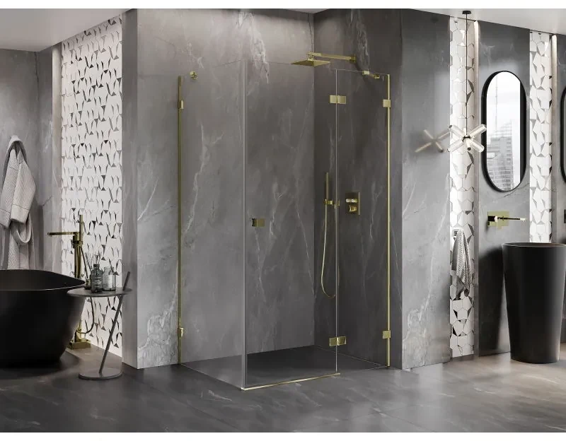 Mexen Lunar, pravostranný výklopný sprchový kút 85 x 70 cm, 8mm číre sklo, zlatý profil, 834-085-070-50-00-P