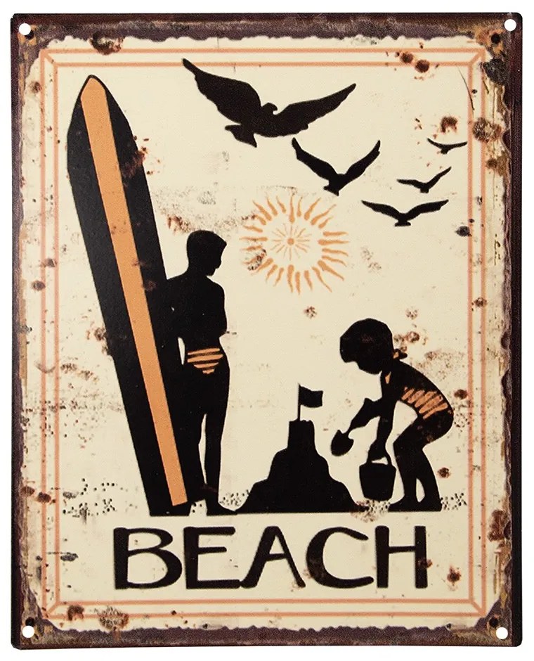 Krémová antik nástenná kovová ceduľa Beach - 20*1*25 cm