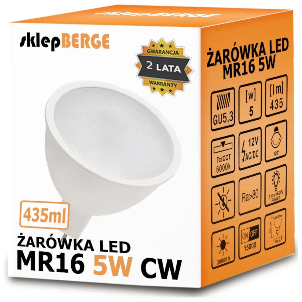 MILIO LED žiarovka 12V - MR16 - 5W - 435 lm - studená biela