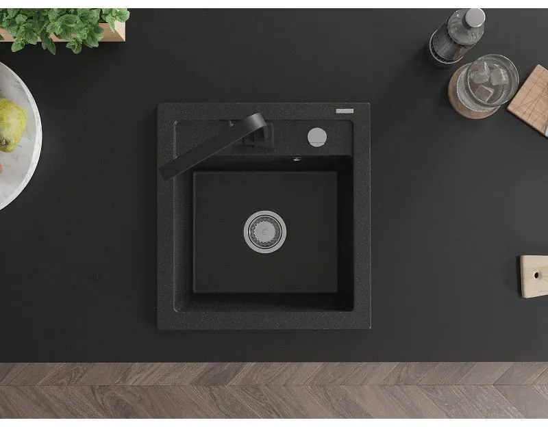 Mexen Vito, 1-komorový granitový drez 520x490x210 mm, čierna batéria Rita, čierna-strieborná metalíza, 6503-73-670300-70