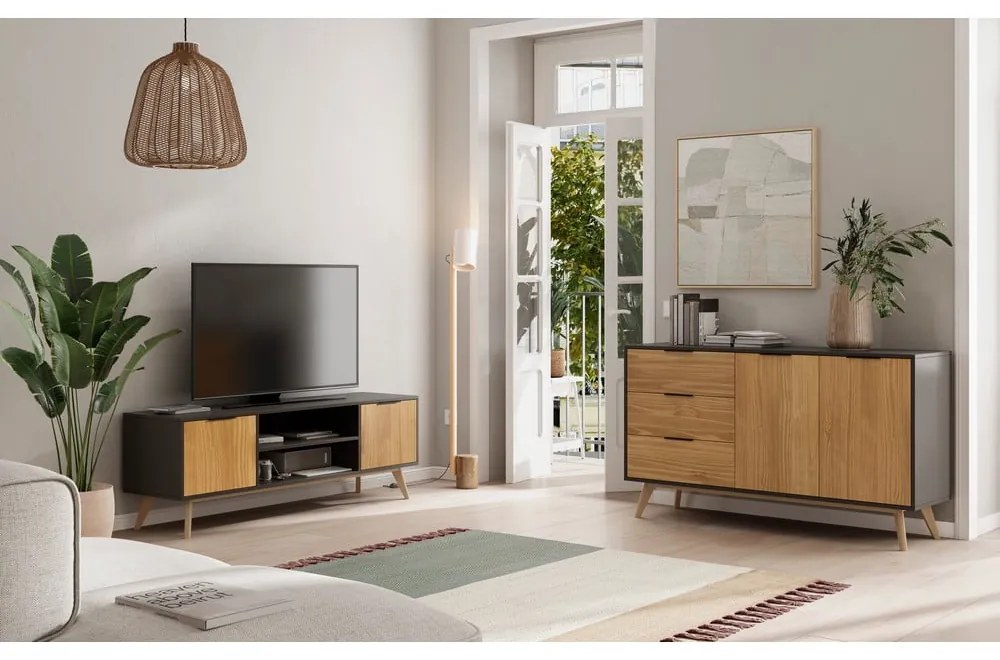 Čierny/prírodný TV stolík z borovicového dreva 140x53 cm Lavis – Marckeric