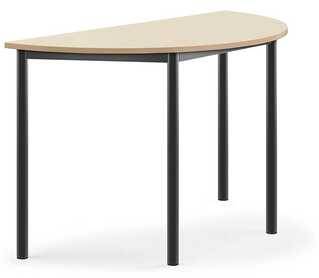 Stôl SONITUS, polkruh, 1200x600x720 mm, HPL - breza, antracit