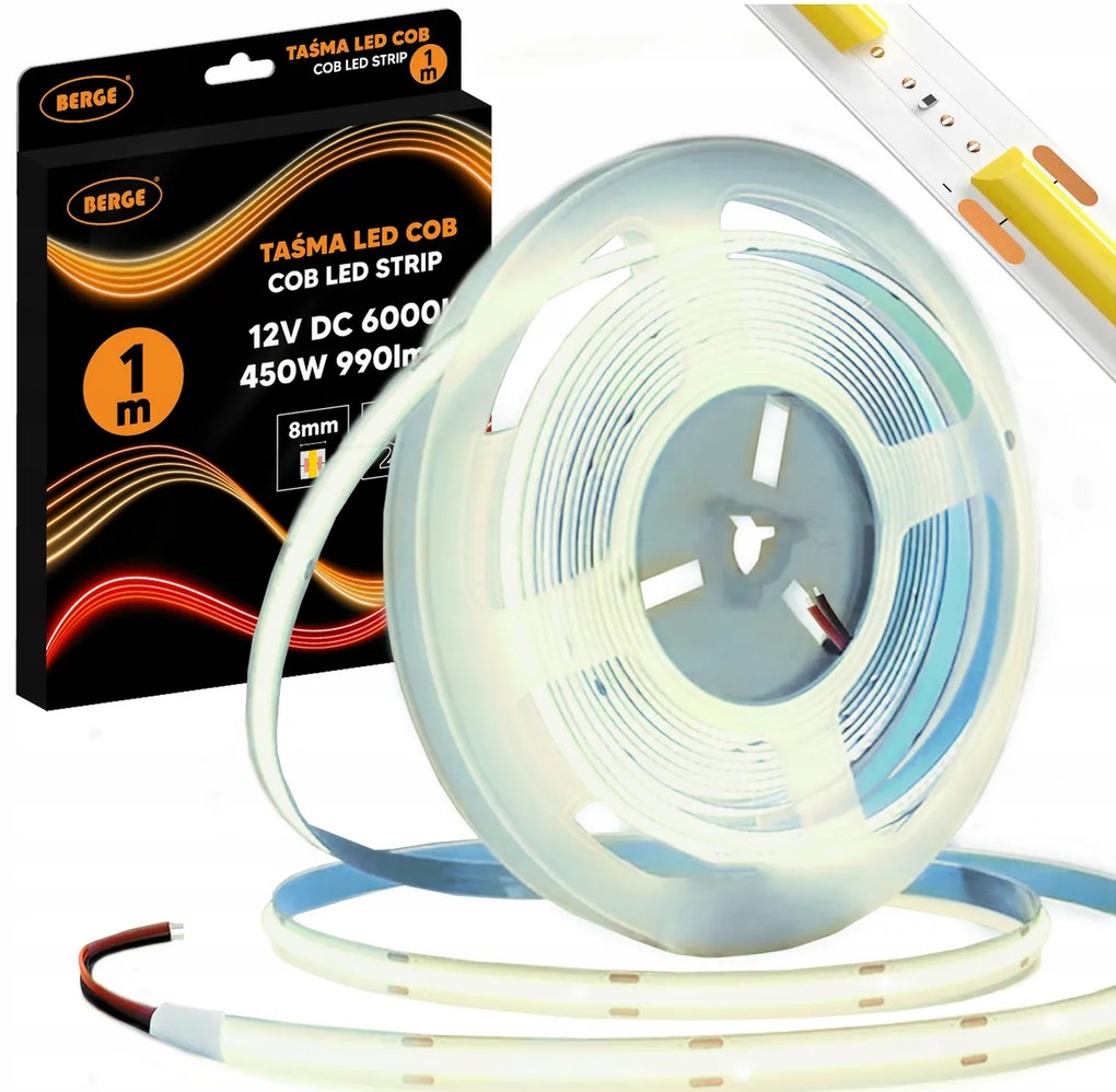 BERGE LED pásik COB Neon 12V - 480D - 9W/m - IP20 - 1m - 990lm - studená farba