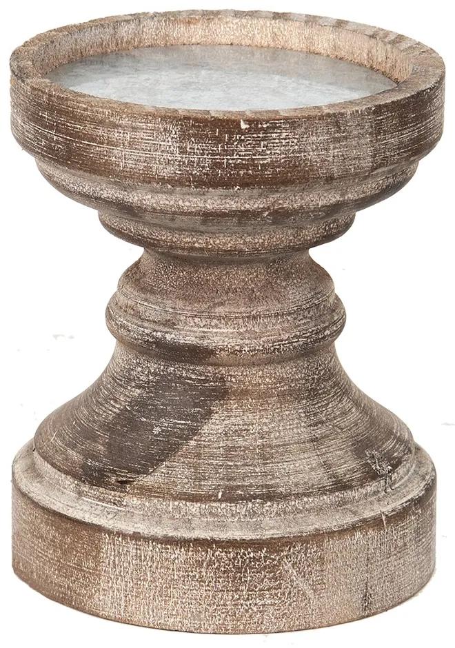 Hnedý antik drevený svietnik na širokú sviečku - Ø 14*16 cm