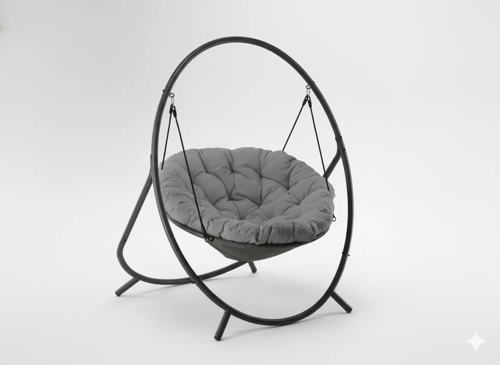 CH ZÁVESNÁ STOLIČKA NA TERASU – TMAVOSIVÝ VANKÚŠ, SIVÝ RÁM 115,5 X 140 X 167,5 CM