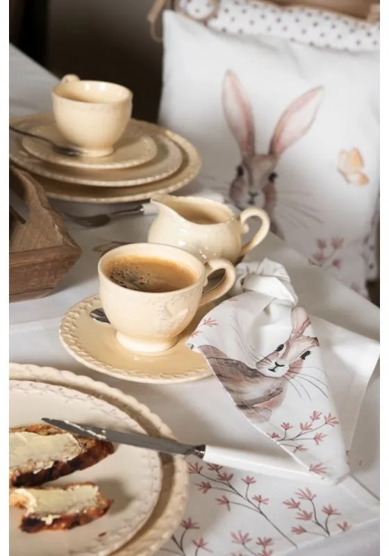 Béžová keramická šálka s tanierikom s dekorom sliepočky - Ø 15*7 cm