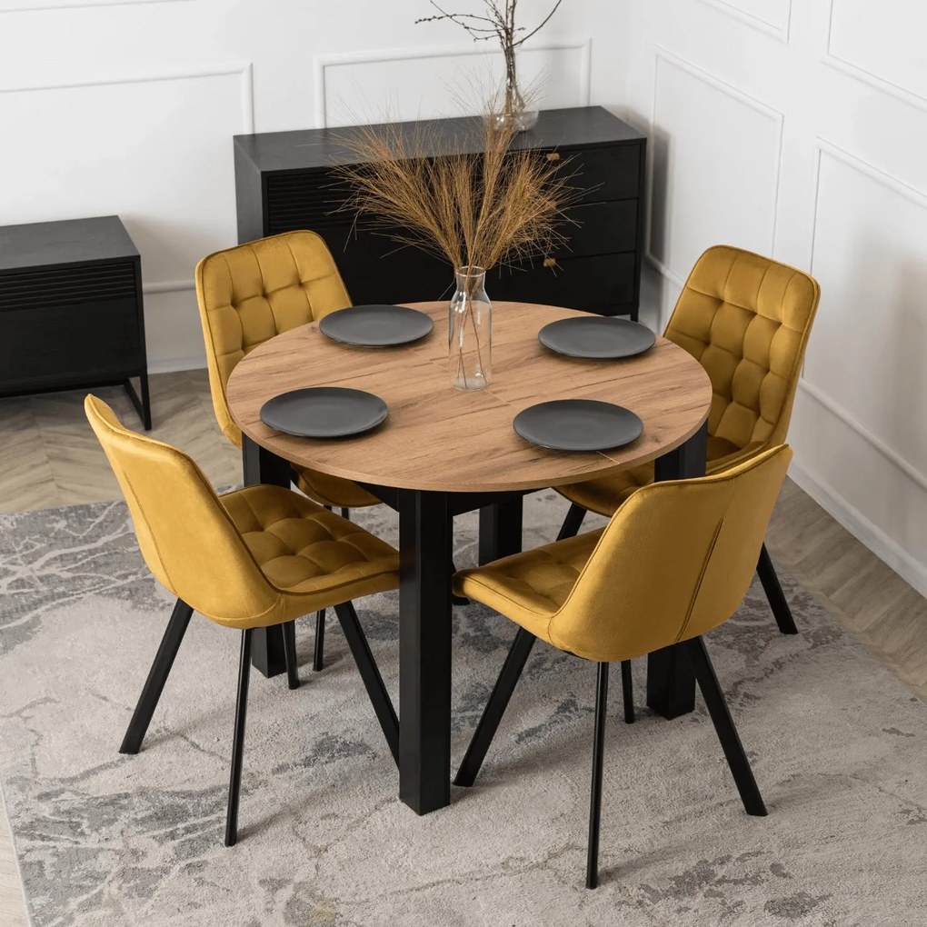 Vintino Oživte svoj domov farbami. Rozkladací jedálenský set AMFORA v dekore dub craft čierny a 4 dizajnové žlté stoličky BERA. Moderný loft štýl.