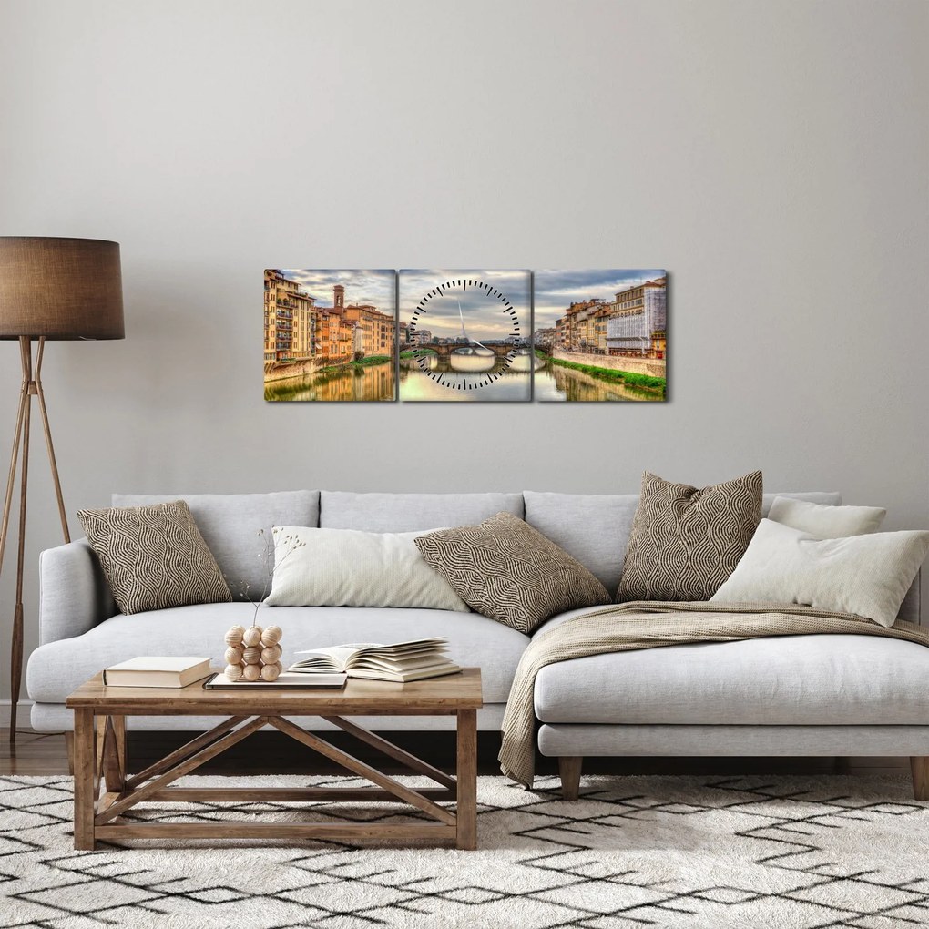 Obraz mesta s riekou (s hodinami) (90x30 cm)