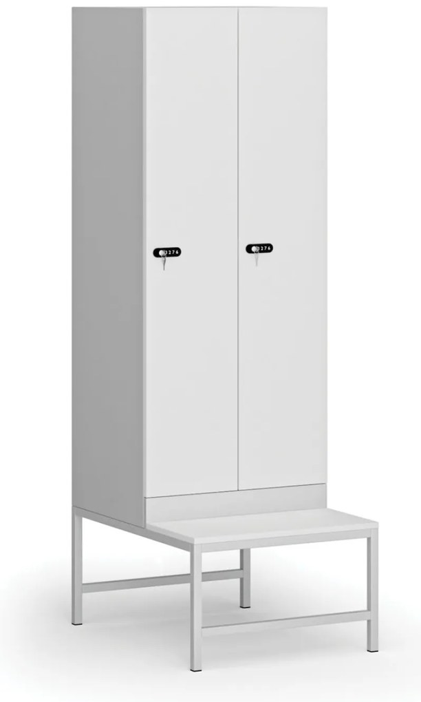 Šatníková skrinka S1 s lavičkou, 2 oddiely, 1875 x 600 x 500/800 mm, demont, mechanický kódový zámok, laminované dvere, biela