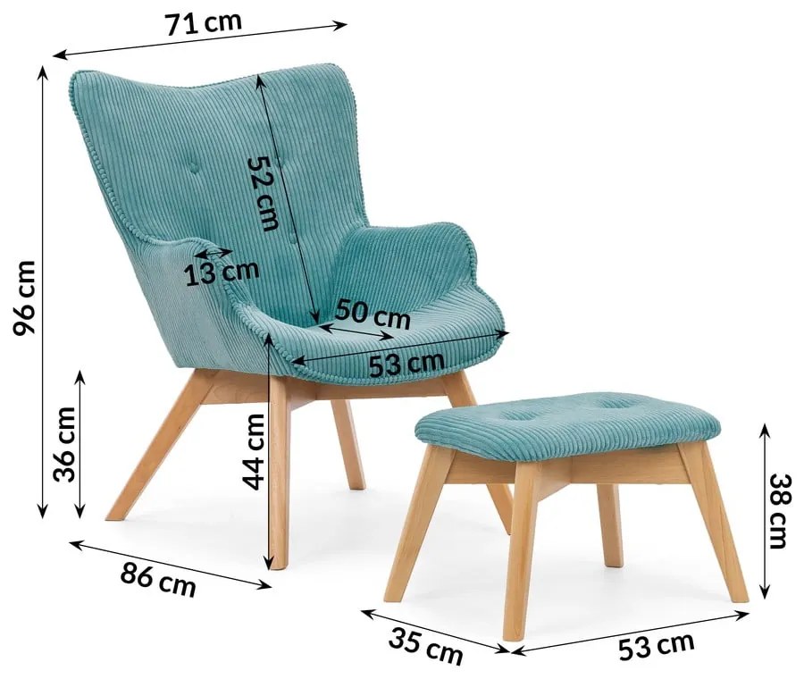 Tyrkysové menčestrové kreslo s podnožkou Niko – Ropez