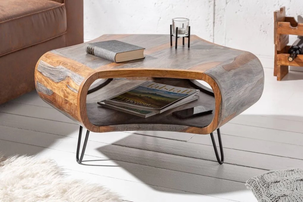 Dizajnový konferenčný stolík Lorelei, 80 cm, sheesham, sivý