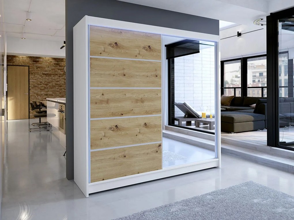 Šatníková skriňa Bar III, Farby: čierny / dub artisan, Osvetlenie: osvetlenie LED RGB - farebné