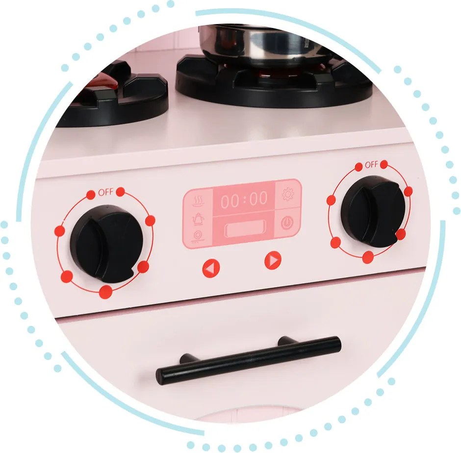 Drevená detská kuchynka ECOTOYS s rúrou, dvoma platničkami, mikrovlnkou + 5 doplnkov