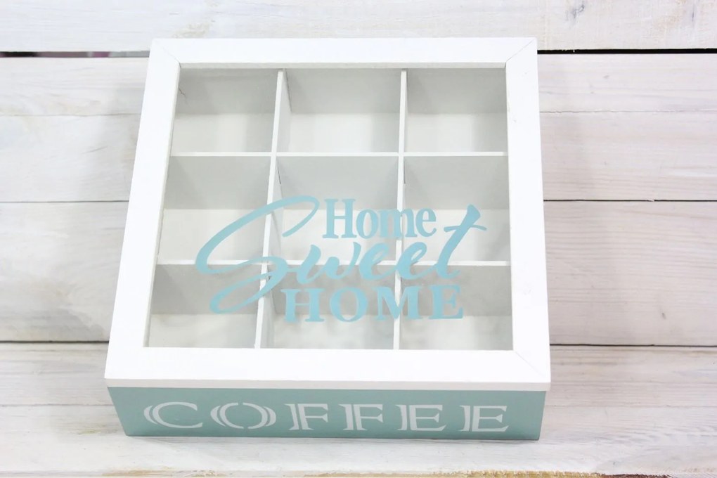 Drevená krabica na čaj "HOME SWEET HOME"- bielo-tyrkysová (24x7x24 cm)
