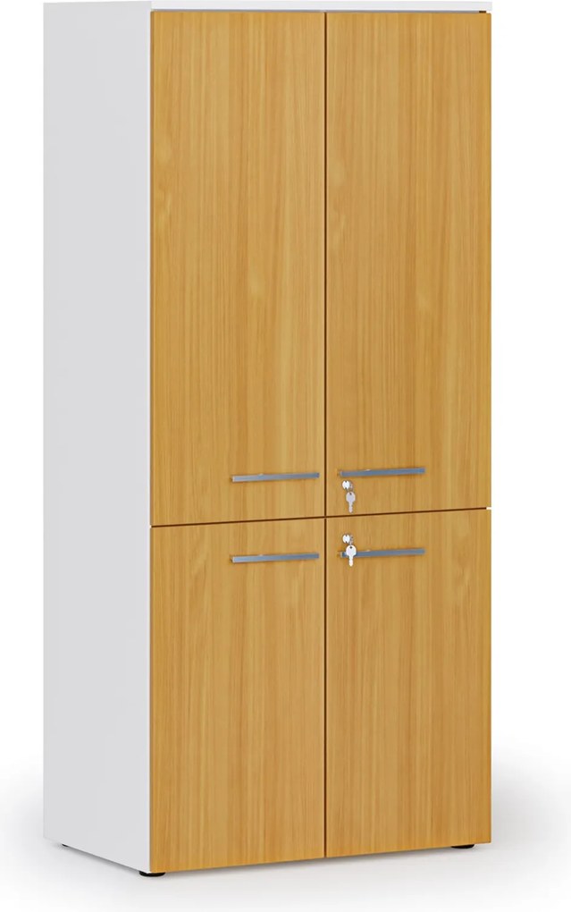 Kancelárska policová skriňa PRIMO WHITE, polené dvere, 800 x 500 x 1781 mm, biela/buk