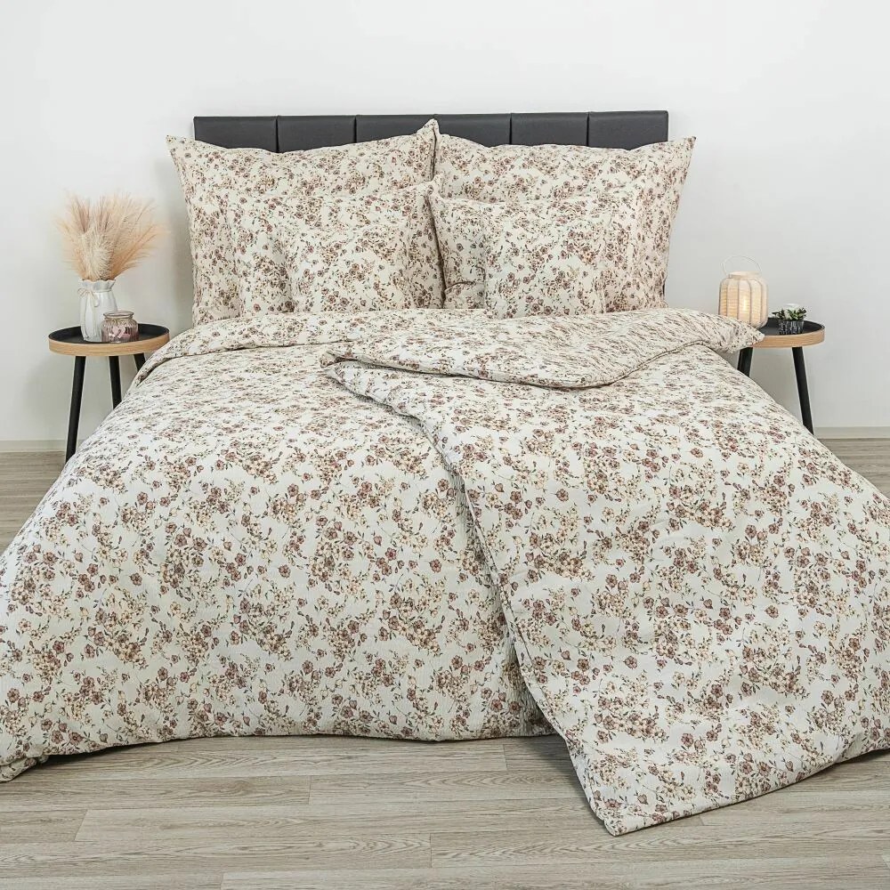 Kvalitex Krepové obliečky Kvietky béžová, 140 x 220 cm, 70 x 90 cm