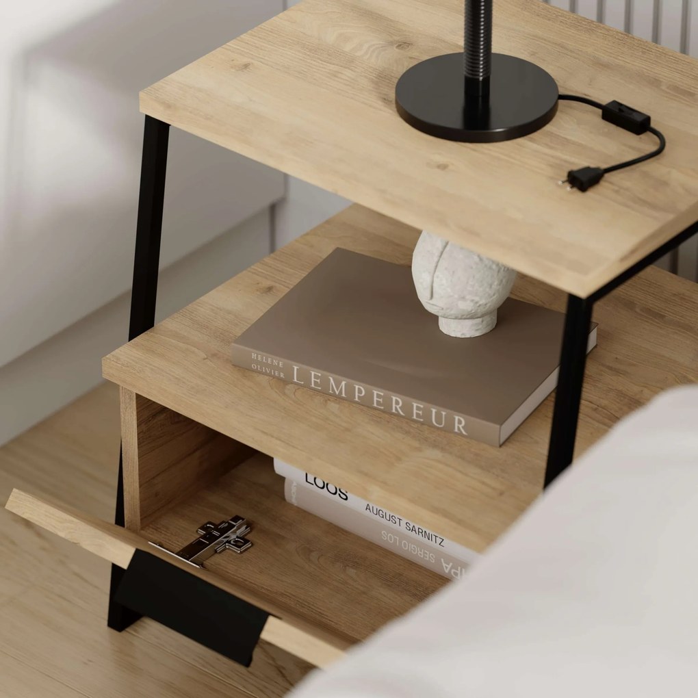 Nočný stolík Houseland Pal dub prírodný/čierny