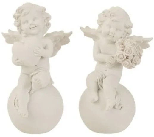 Sada 2ks bielych anjelov na guľu s ružami a so srdcom - 8,5 * 8,5 * 13,5cm