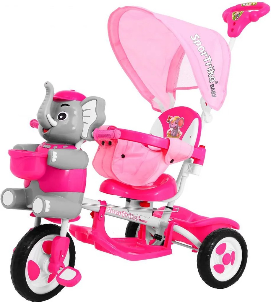 Ramiz Detský trojkolesový bicykel Elephant Ružová + zvuky + strieška + zábrana + opierka na nohy + rukoväť + úložný priestor