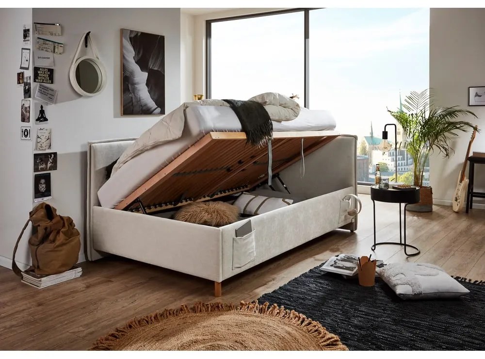 Béžová čalúnená rohová detská posteľ s úložným priestorom s roštom 120x200 cm Fun – Meise Möbel