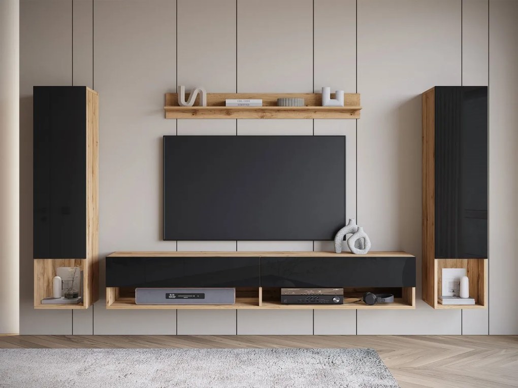 Obývacia stena Wikez II, Farby: dub artisan, Osvetlenie: osvetlenie LED biele
