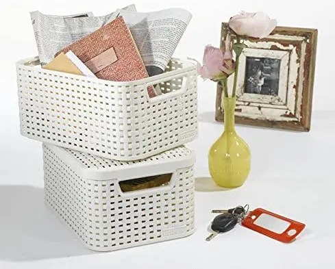 Úložný box, ratanový košík, STYLE2 Curver s vekom, krémový (46 x 25 x 33 - 30 l)