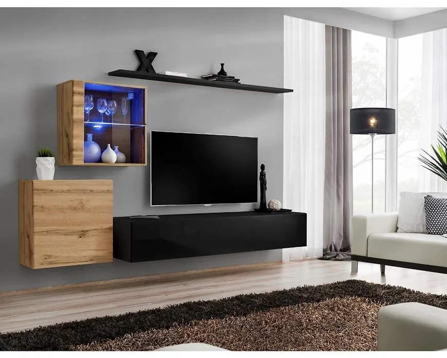Obývacia stena Switch XV Sklo +LED wotan / čierna