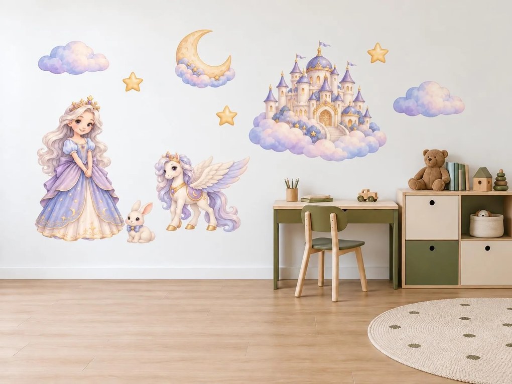 Princezná a zámok v oblakoch snové akvarelové nálepky na stenu pre malé princezné arch 46 x 34 cm