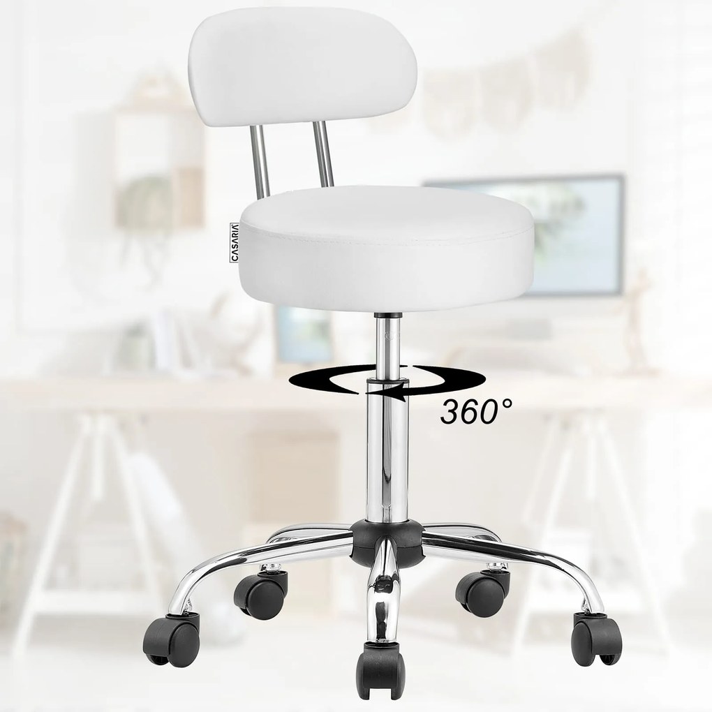 Taburetka na kolieskach s operadlom ROLAND, Ø35cm, biela Casaria