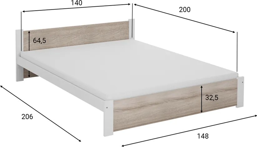 Posteľ IKAROS 140 x 200 cm, biela/dub sonoma Rošt: S lamelovým roštom, Matrac: Matrac Coco Maxi 20 cm