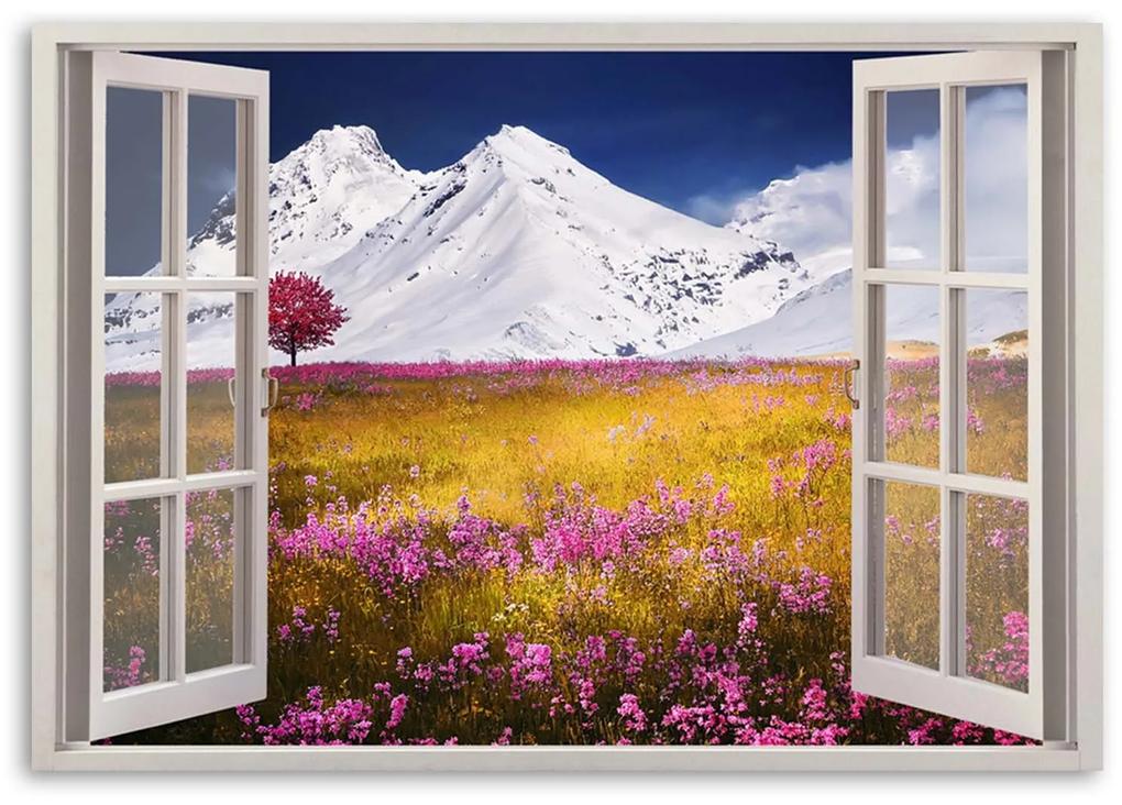 Gario Obraz na plátne Okno - zasnežené hory Rozmery: 60 x 40 cm