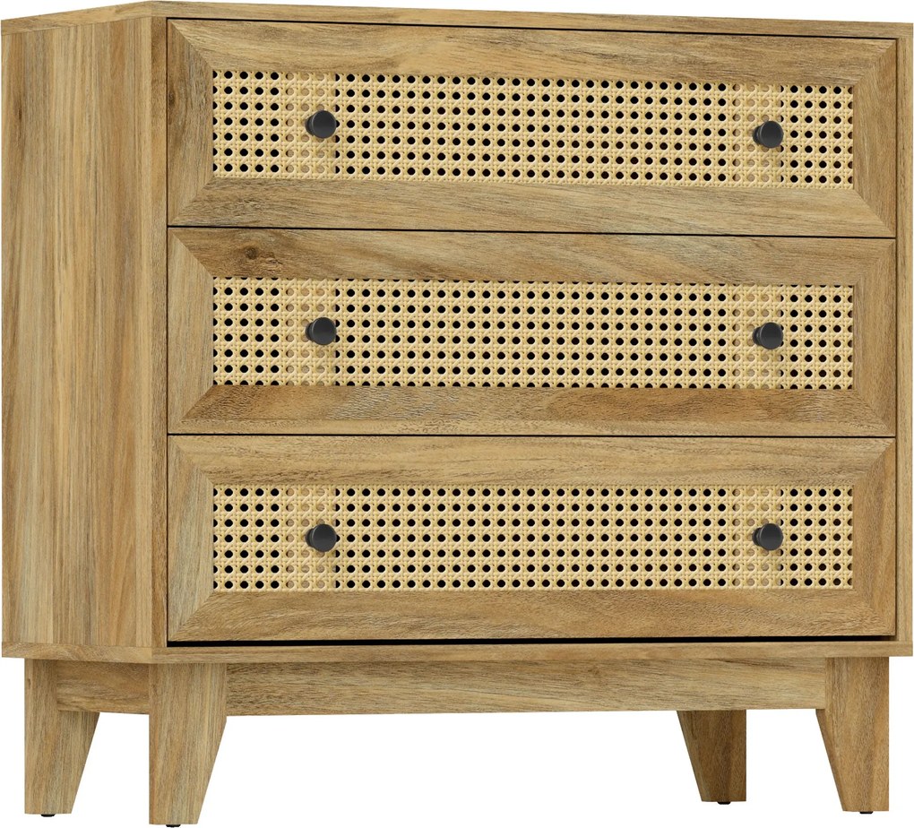 HOMCOM Skriňa s 3 zásuvkami a ratanovým predným panelom 80 x 35 x 76 cm v svetlom drevenom vzhľade | Aosom