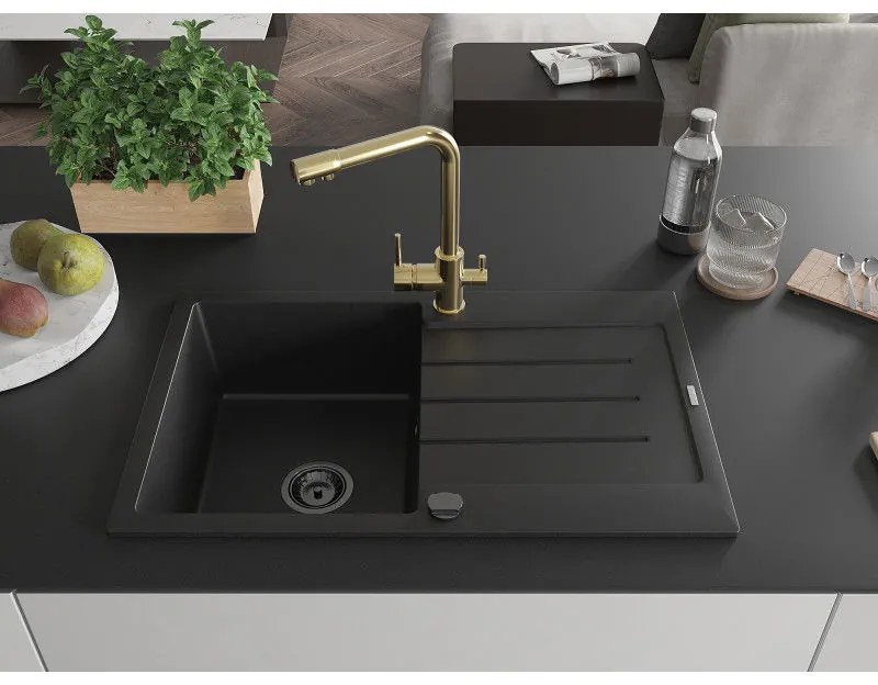 Mexen Bruno, 1-komorový granitový drez s odkvapkávačom 795x495x200 mm a zlatá batéria Duero, čierna, 6513-77-671600-50-B