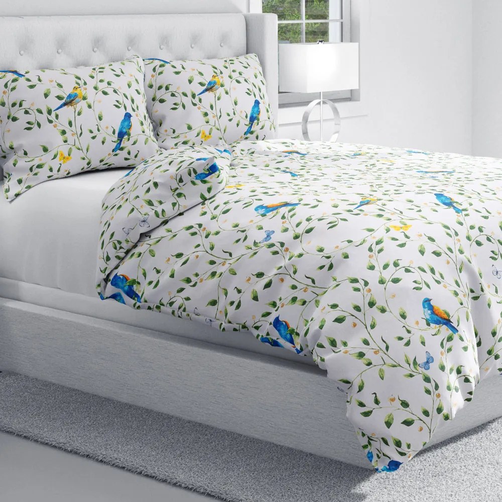 Biante Bavlnené posteľné obliečky Sandra SA-501 Modré vtáky a vetvičky na bielom Dvojlôžko francúzske 240x200 a 2ks 70x90 cm