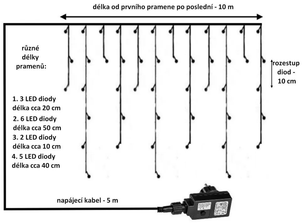 VOLTRONIC svetelný dážď 10 m, 400 LED, studená biela