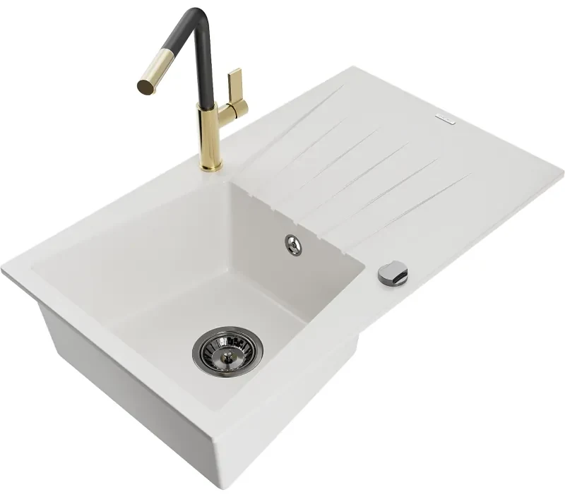 Mexen Cesar, 1-komorový granitový drez 775x470x190 mm a drezová batéria Flora, biela, 6514-20-670401-57-B
