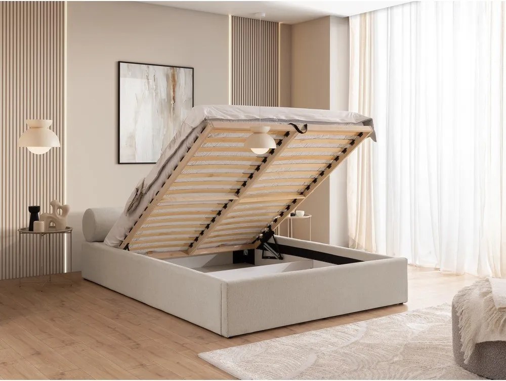 Béžová čalúnená dvojlôžková posteľ s úložným priestorom s roštom 140x200 cm Cille – Ropez