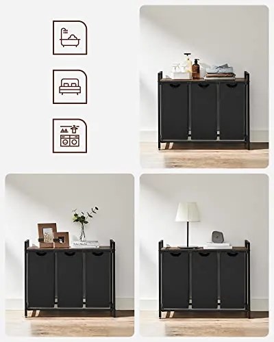 Kôš na bielizeň s policou BERGEN, 3x38l, čierna/hnedá SongmicsHome