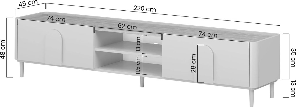 TV stolík Amilio 220 cm na nožičkách - eukalyptus / dub baltic dune / dub prírodný