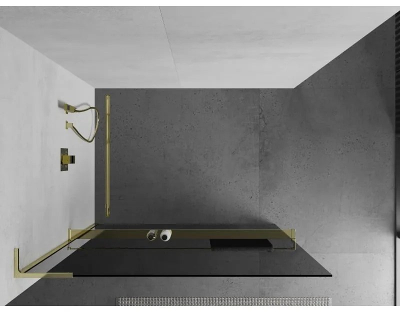 Mexen Kioto+ L, sprchová zástena Walk-In s poličkou a vešiakom 120 x 200 cm, 8mm šedé sklo, zlatý lesklý profil,800-120-123-50-40