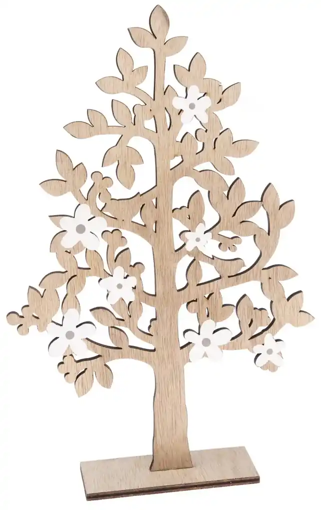 Drevená dekorácia Strom s kvetinami hnedá, 19,5 x 29,5 x 5 cm | BIANO