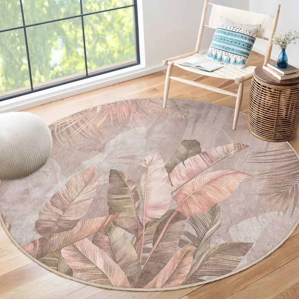 Svetloružový prateľný okrúhly koberec ø 150 cm Dusty Leaves – Mila Home