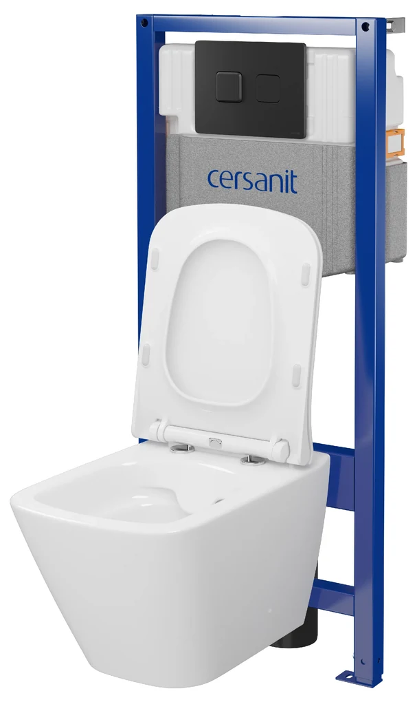 Cersanit City, System50 PNEU podomietkový rám + závesná wc misa City Square CleanOn + čierne tlačidlo Circle, S701-777