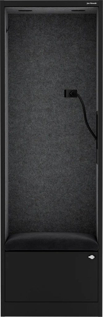 Kancelárska akustická kabína so sedadlom a portom USB-C, telo v čierny / sedák tmavosivá v zelenej farbe, 600 mm: SALLY MentalBox