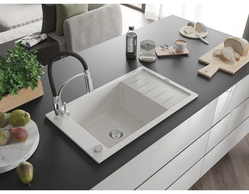 Mexen Elias, 1-komorový granitový drez 795x480x200 mm a drezová batéria Aster, biela, 6511-20-73450-07