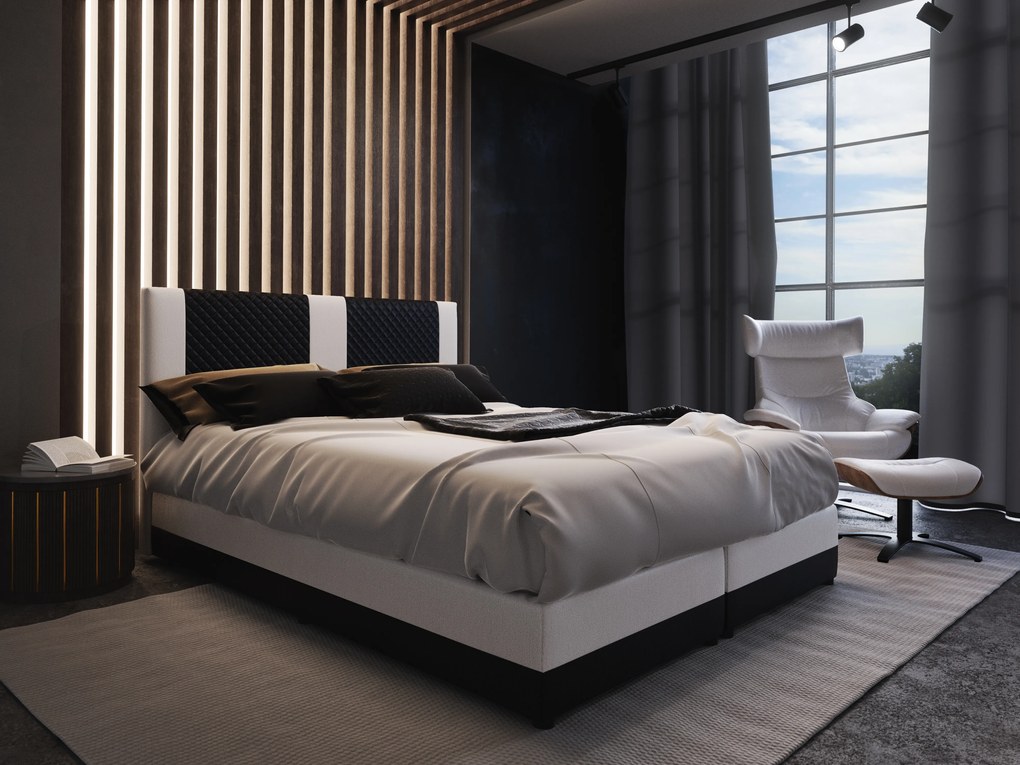 Manželská posteľ Boxspring 140 cm Pecos Comfort (ekokoža + čierna + biela) (s matracom a úložným priestorom). Akcia -20%. Vlastná spoľahlivá doprava až k Vám domov. 1056265